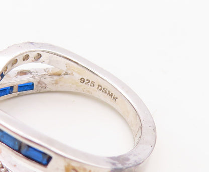 925 Sterling Silver Vintage Ring Rectangle Sapphire & CZ X Band  Sz 7  RG30417