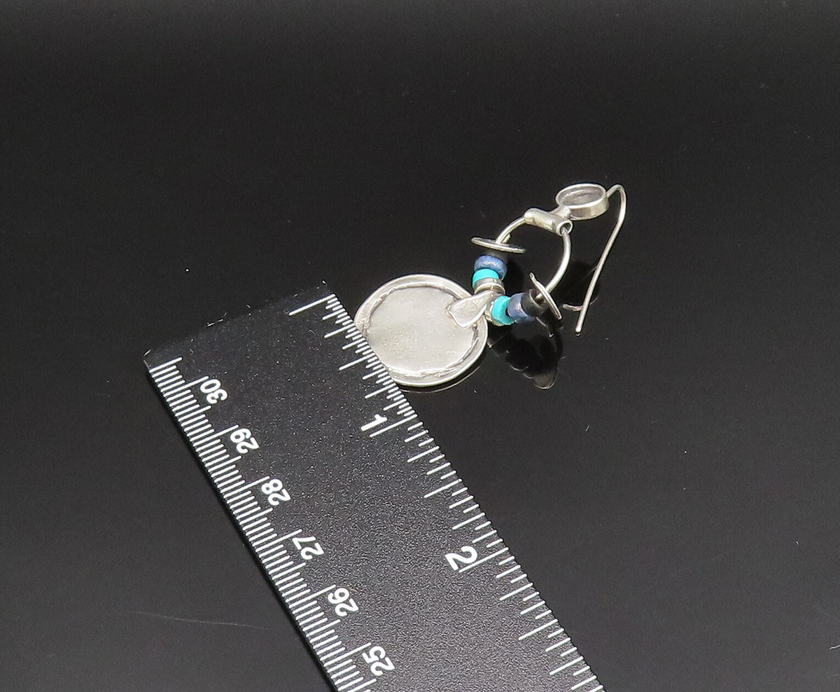 ISRAEL 925 Silver  Vintage Turquoise & Sodalite Beads Disc Earrings  EG11827
