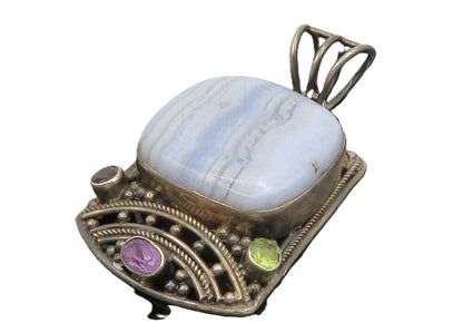 925 Sterling Silver  Vintage Agate Amethyst Peridot & Garnet Pendant  PT10672