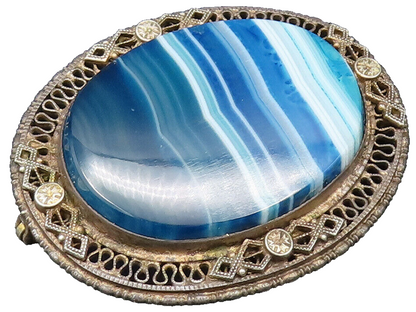 EUROPEAN 925 Silver  Vintage Blue Agate & Swirl Border Brooch Pin  BP10024