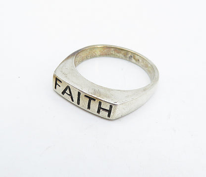 925 Sterling Silver Vintage Faith Stamped Square Dome Band Ring Sz 6 RG4473