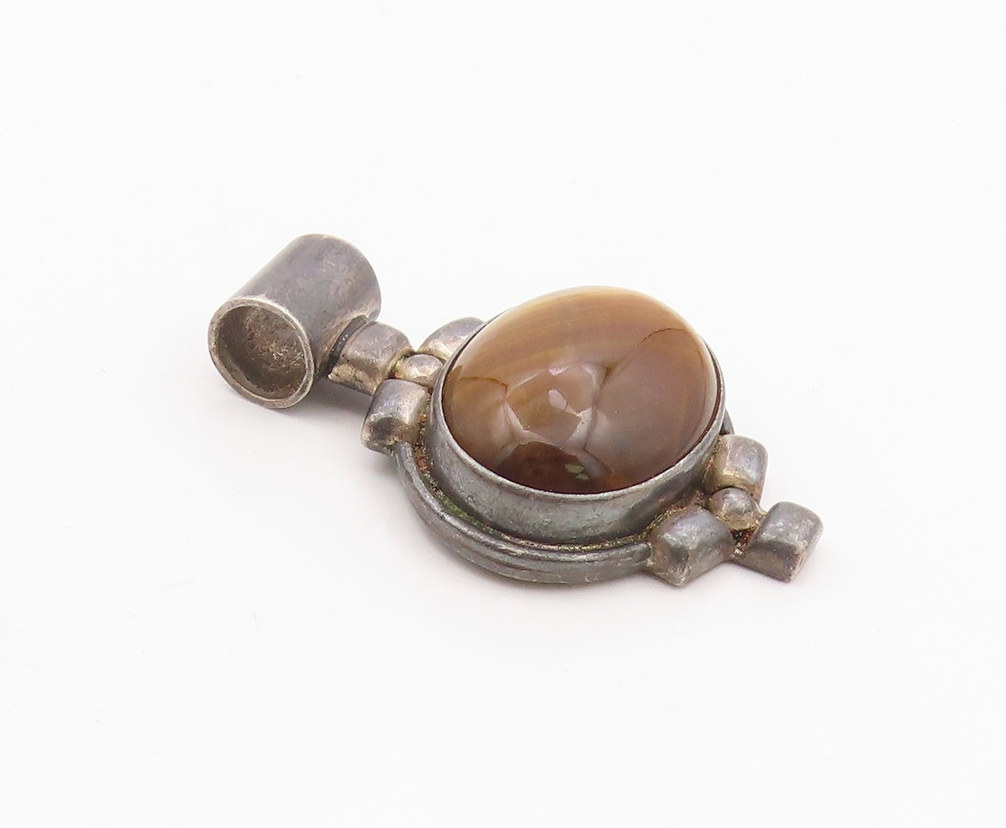 925 Sterling Silver  Vintage Cabochon Tiger's Eye Dark Tone Pendant  PT12807