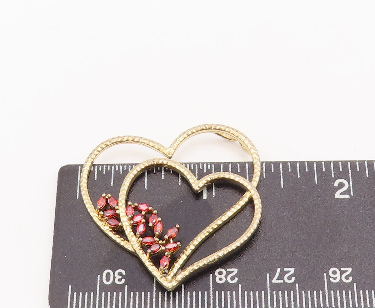925 Sterling Silver Vintage Pendant Gold Plated Red CZ Cutout 2 Hearts   PT23092