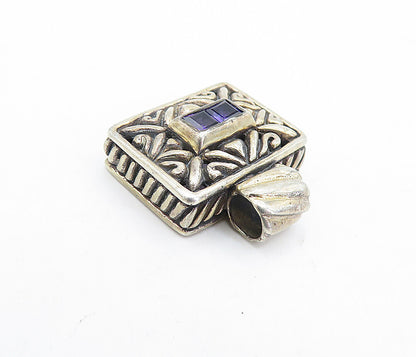 925 Sterling Silver  Vintage Amethyst Swirl Patterned Square Pendant  PT3288
