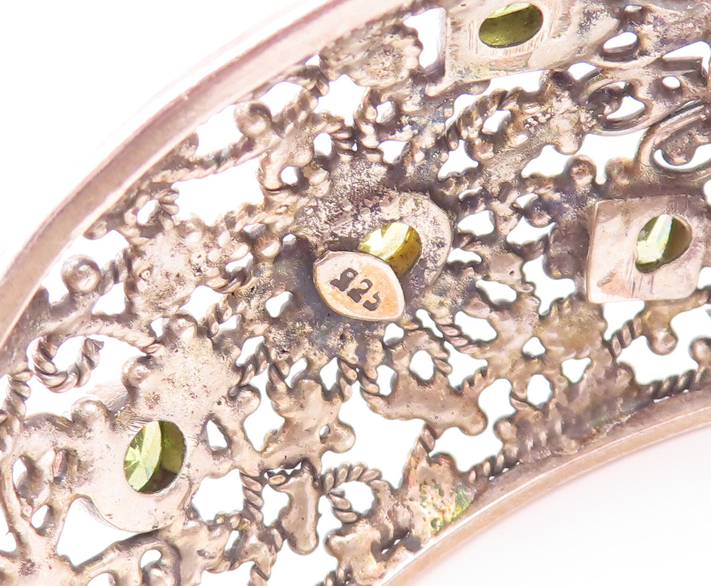 925 Sterling Silver Vintage Bracelet Floral Beaded Cutout Citrine Cuff  BT10556