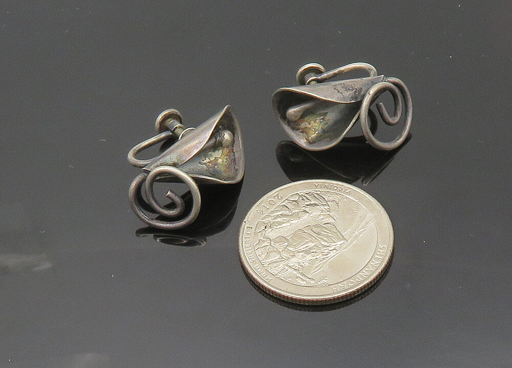 925 Sterling Silver  Vintage Dark Tone Flower Non Pierce Earrings  EG10354