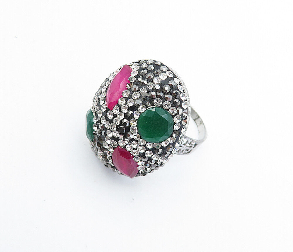 925 Sterling Silver Vintage Topaz & Crystal Dome Cocktail Ring Sz 7 RG5188