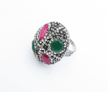 925 Sterling Silver Vintage Topaz & Crystal Dome Cocktail Ring Sz 7 RG5188