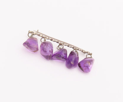 925 Sterling Silver Vintage Brooch Pin Dangling Amethyst Amorphous beads BP10772