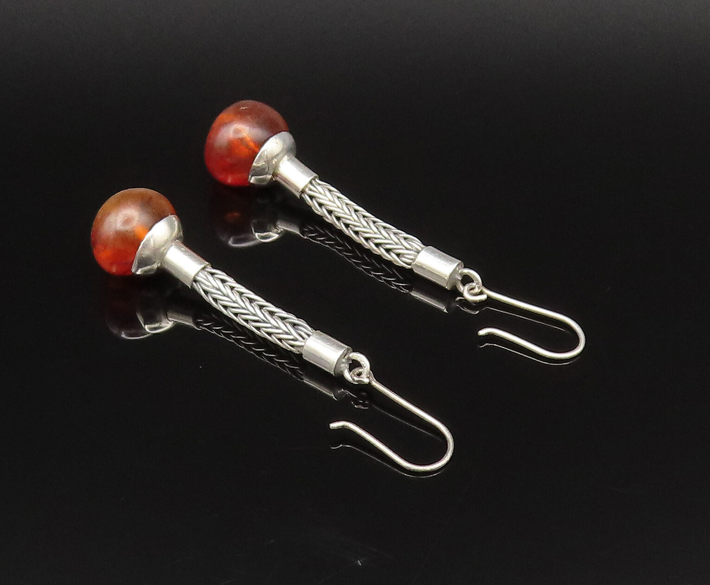 925 Sterling Silver  Vintage Foxtail Chain Baltic Amber Earrings  EG12129