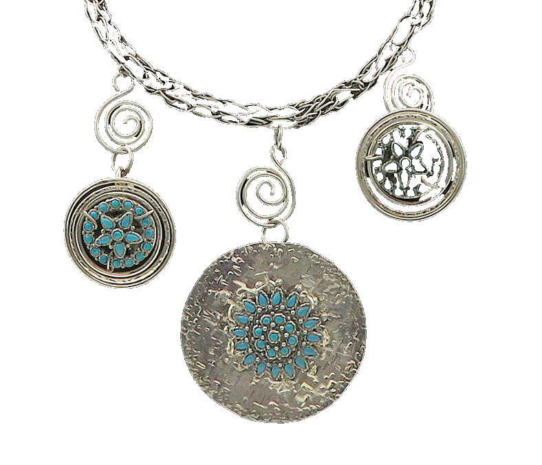 DESIGNER 925 Sterling Silver Vintage Turquoise Floral Chain Necklace NE3264