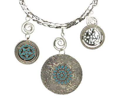 DESIGNER 925 Sterling Silver Vintage Turquoise Floral Chain Necklace NE3264