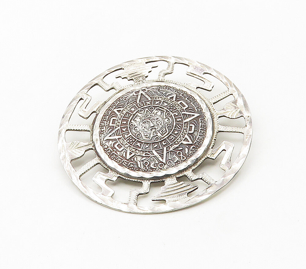 MEXICO 925 Sterling Silver  Vintage Mayan Aztec Sun Calendar Brooch Pin BP6588