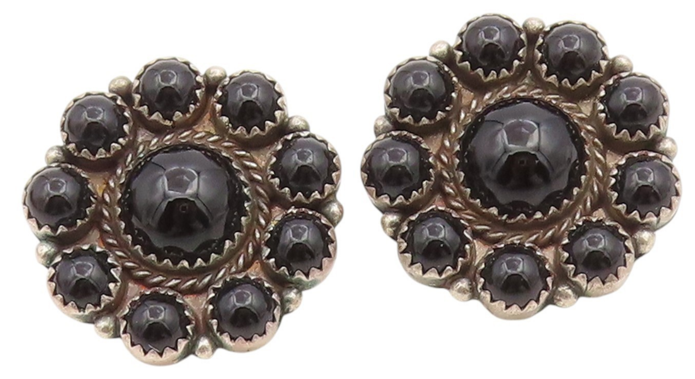 925 Sterling Silver Vintage Earrings NAVAJO Cabochon Onyx Floral Clip On EG14088