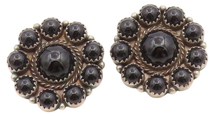 925 Sterling Silver Vintage Earrings NAVAJO Cabochon Onyx Floral Clip On EG14088