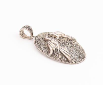 925 Sterling Silver Vintage Pendant Openwork Filigree Lovebirds Medal  PT26447