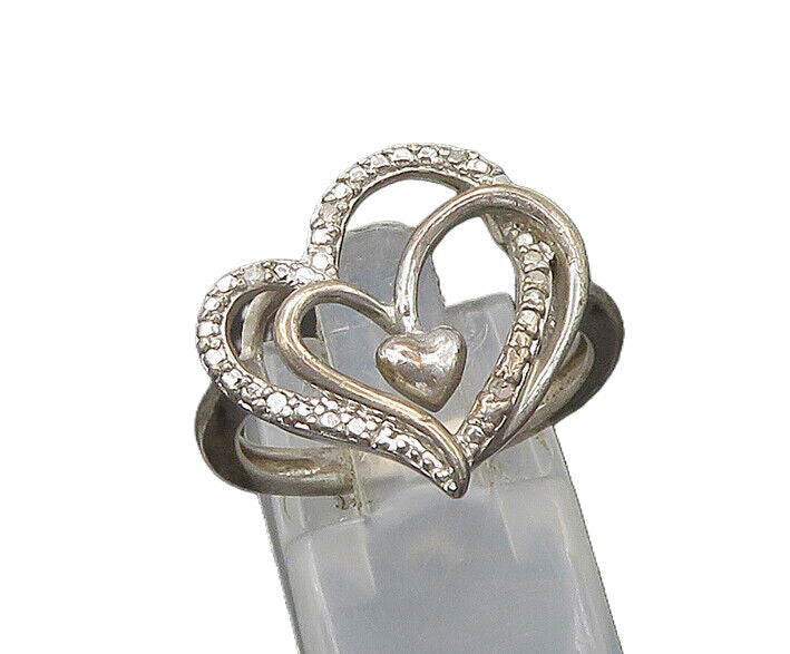 925 Sterling Silver  Vintage Genuine Diamonds Heart Band Ring Sz 7  RG22263