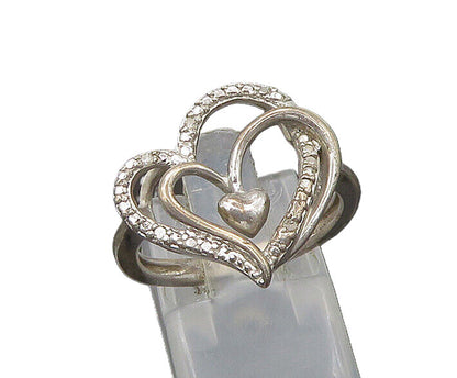 925 Sterling Silver  Vintage Genuine Diamonds Heart Band Ring Sz 7  RG22263