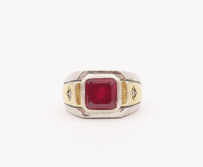 925 Sterling Silver Vintage Ring Grooved Square Red White Topaz Sz 11.5  RG28025
