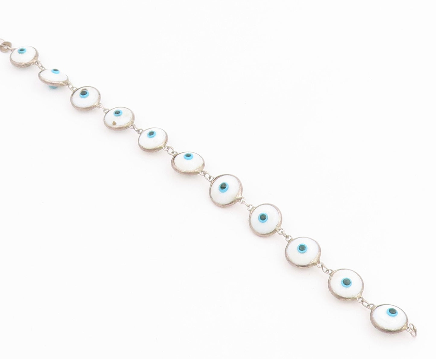 925 Sterling Silver Vintage Bracelet White Evil Eye Enamel Bead Link  BT11821