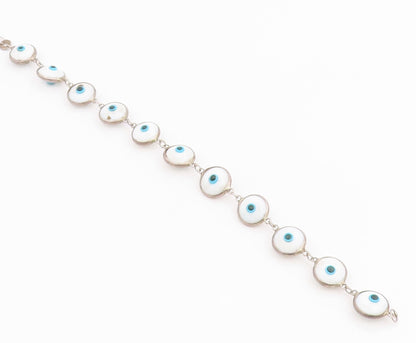 925 Sterling Silver Vintage Bracelet White Evil Eye Enamel Bead Link  BT11821