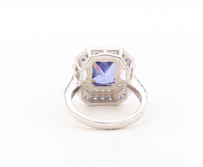 925 Sterling Silver Vintage Ring Designer Rectangle Sapphire & CZ  Sz 7  RG30893