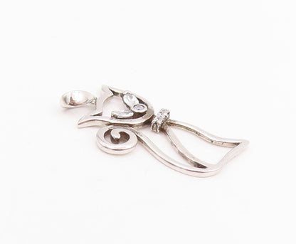 925 Sterling Silver Vintage Pendant Two Shape Topaz Curled Tail Cat   PT25220