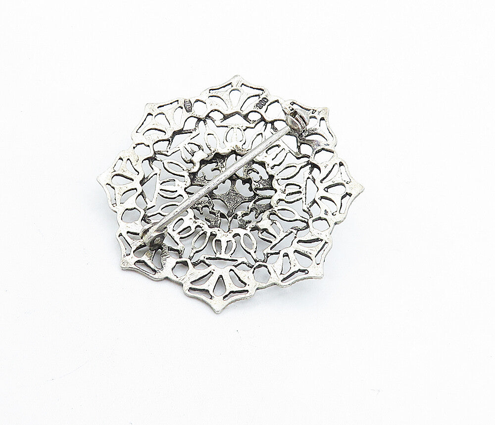 925 Sterling Silver  Vintage Dark Tone Round Floral Design Brooch Pin  BP2188