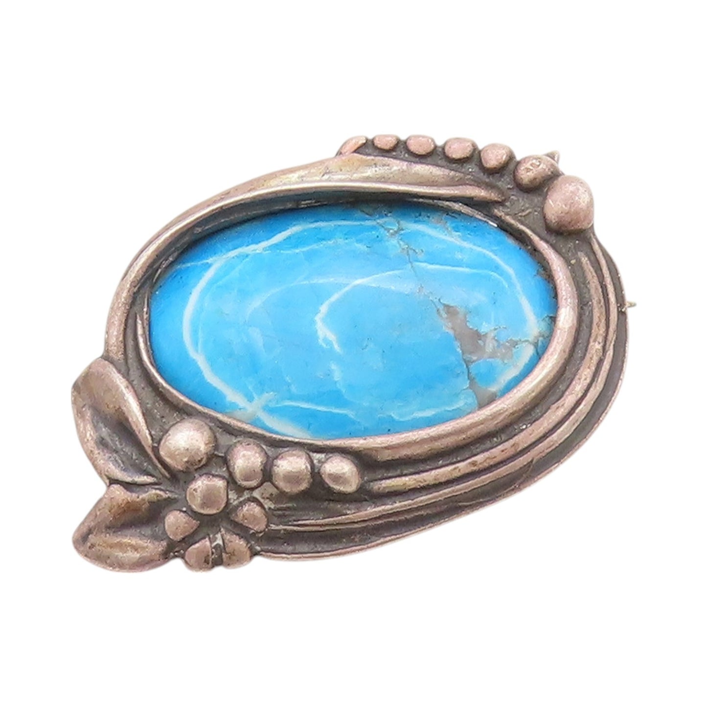 925 Sterling Silver Vintage Brooch Dark Tone Framed Oval Turquoise  BP11582