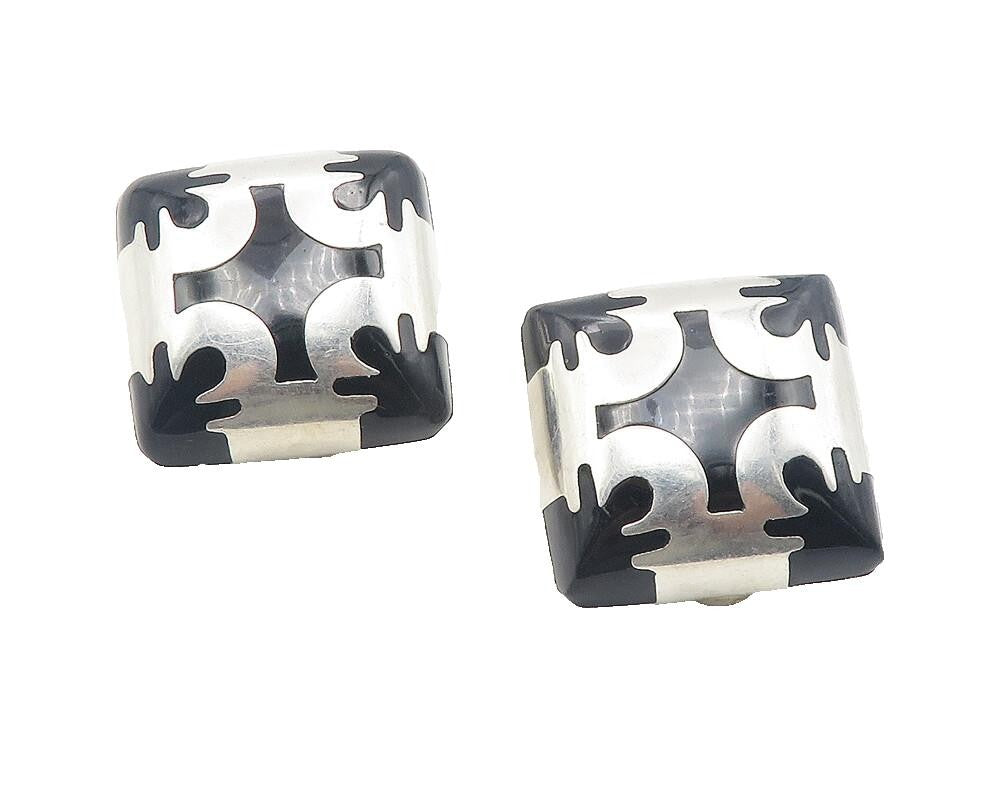 MEXICO 925 Silver  Vintage Black Onyx Pattern Non Pierce Earrings  EG6051