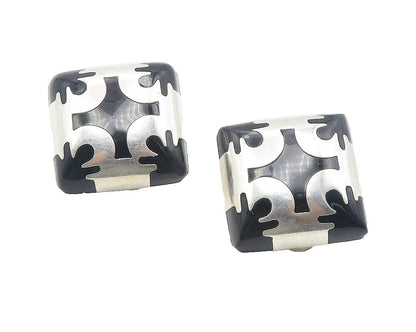 MEXICO 925 Silver  Vintage Black Onyx Pattern Non Pierce Earrings  EG6051