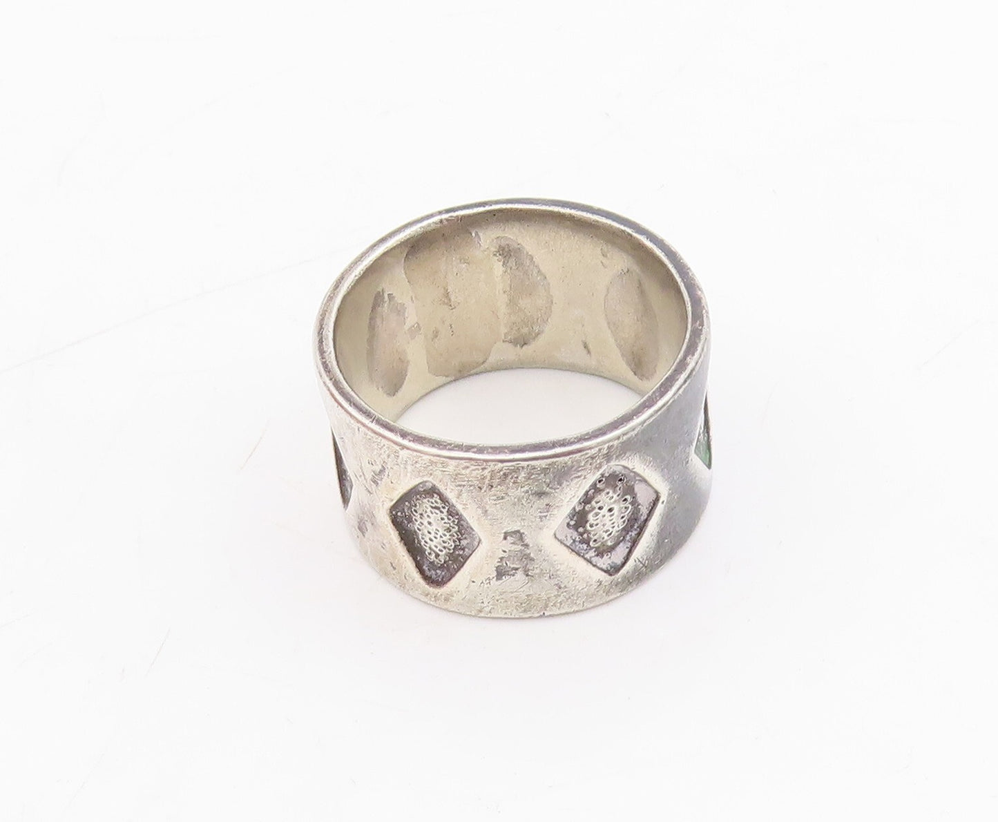 925 Sterling Silver Vintage Ring Dark Tone Diamond Cut Design  Sz 9.5  RG31748