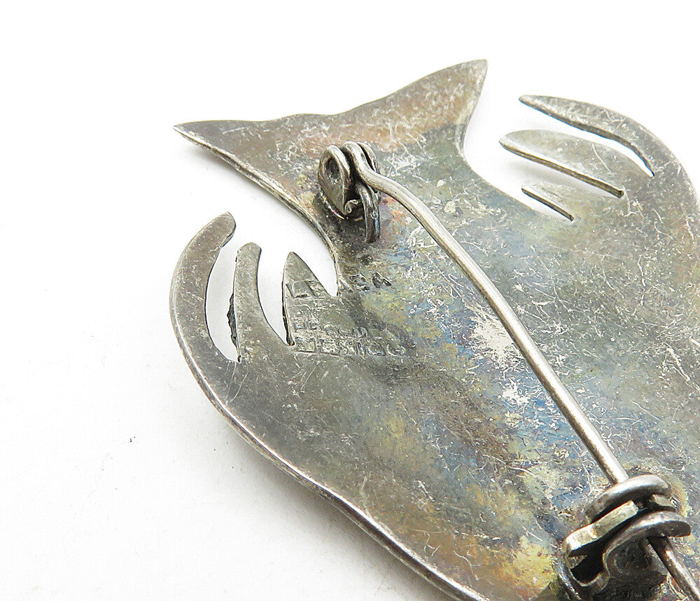 MEXICO 925 Sterling Silver  Vintage Abalone Mosaic Fish Brooch Pin  BP3388