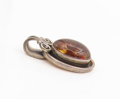 925 Sterling Silver Vintage Pendant Cabochon Honey Amber Chunky Locket  PT25326