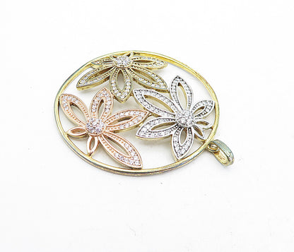 925 Sterling Silver  Topaz Three Tone Open Flowers Design Pendant  PT3804