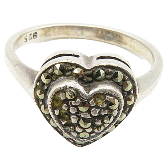 925 Sterling Silver  Vintage Marcasite Love Heart Dome Band Ring Sz 6  RG8851
