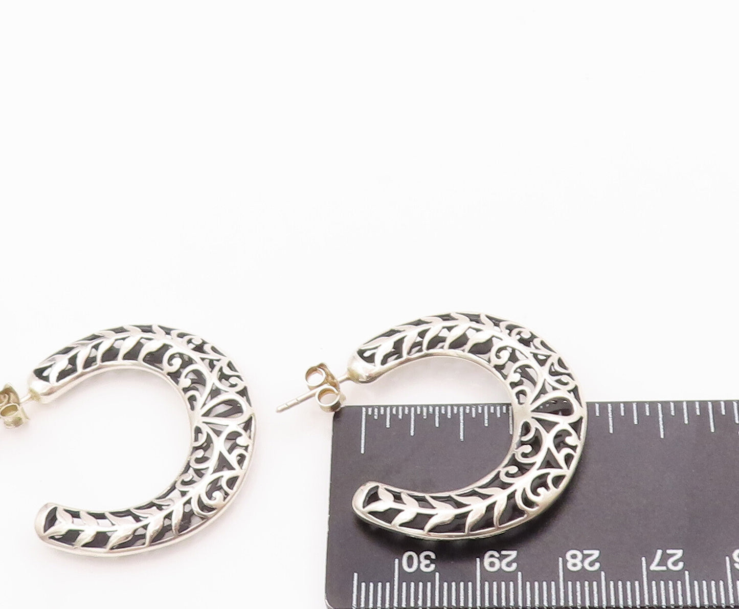 925 Sterling Silver Vintage Earrings Solid Swirly Carved Open Hoops  EG12983