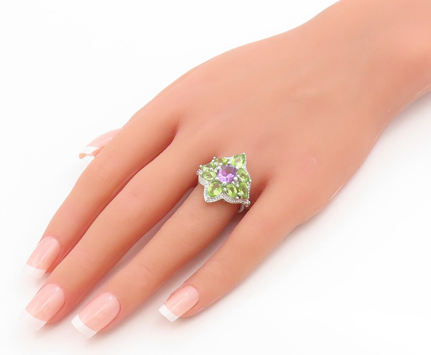 925 Sterling Silver Vintage Ring Amethyst & Peridot Floral Band  Sz 7.5  RG36164