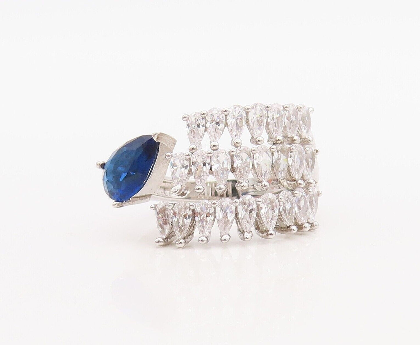 925 Sterling Silver Vintage Ring Designer Drop Cut Topaz Sapphire  Sz 8  RG30059