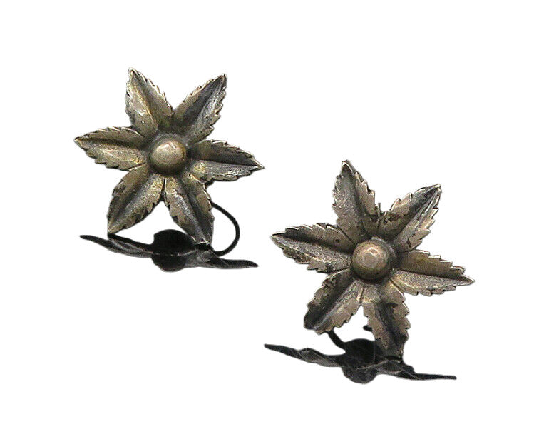 925 Sterling Silver  Vintage Dark Tone Flower Non Pierce Drop Earrings  EG9720