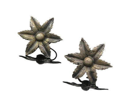 925 Sterling Silver  Vintage Dark Tone Flower Non Pierce Drop Earrings  EG9720