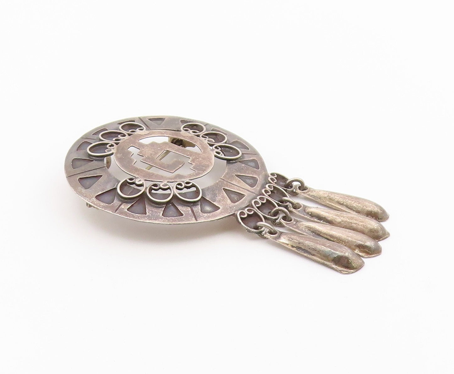 MEXICO 925 Sterling Silver  Vintage Oxidized Dangling Brooch Pin  BP3837