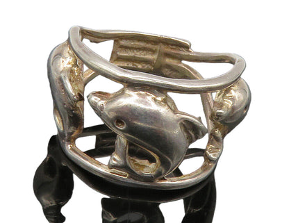 925 Sterling Silver  Vintage Shiny Triple Dolphin Band Ring Sz 7.5  RG13169