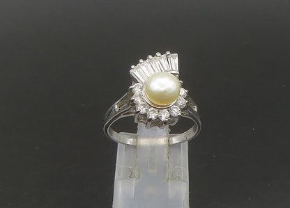925 Sterling Silver  Vintage Pearl & Cubic Zirconia Band Ring Sz 8  RG23282