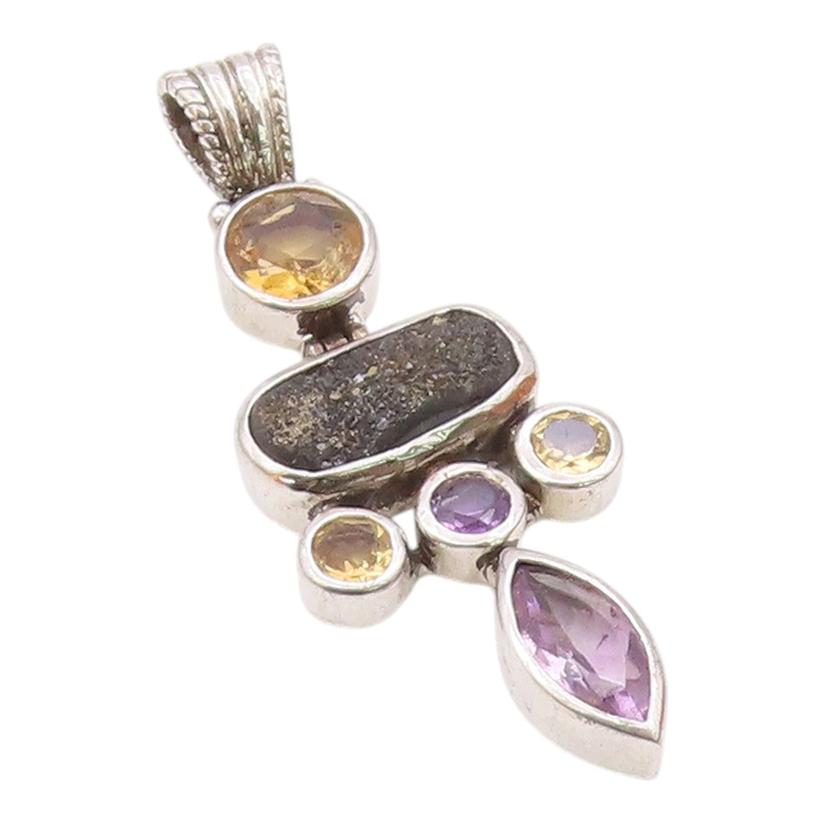 925 Sterling Silver  Vintage Amethyst Citrine & Druzy Hinge Pendant  PT17992
