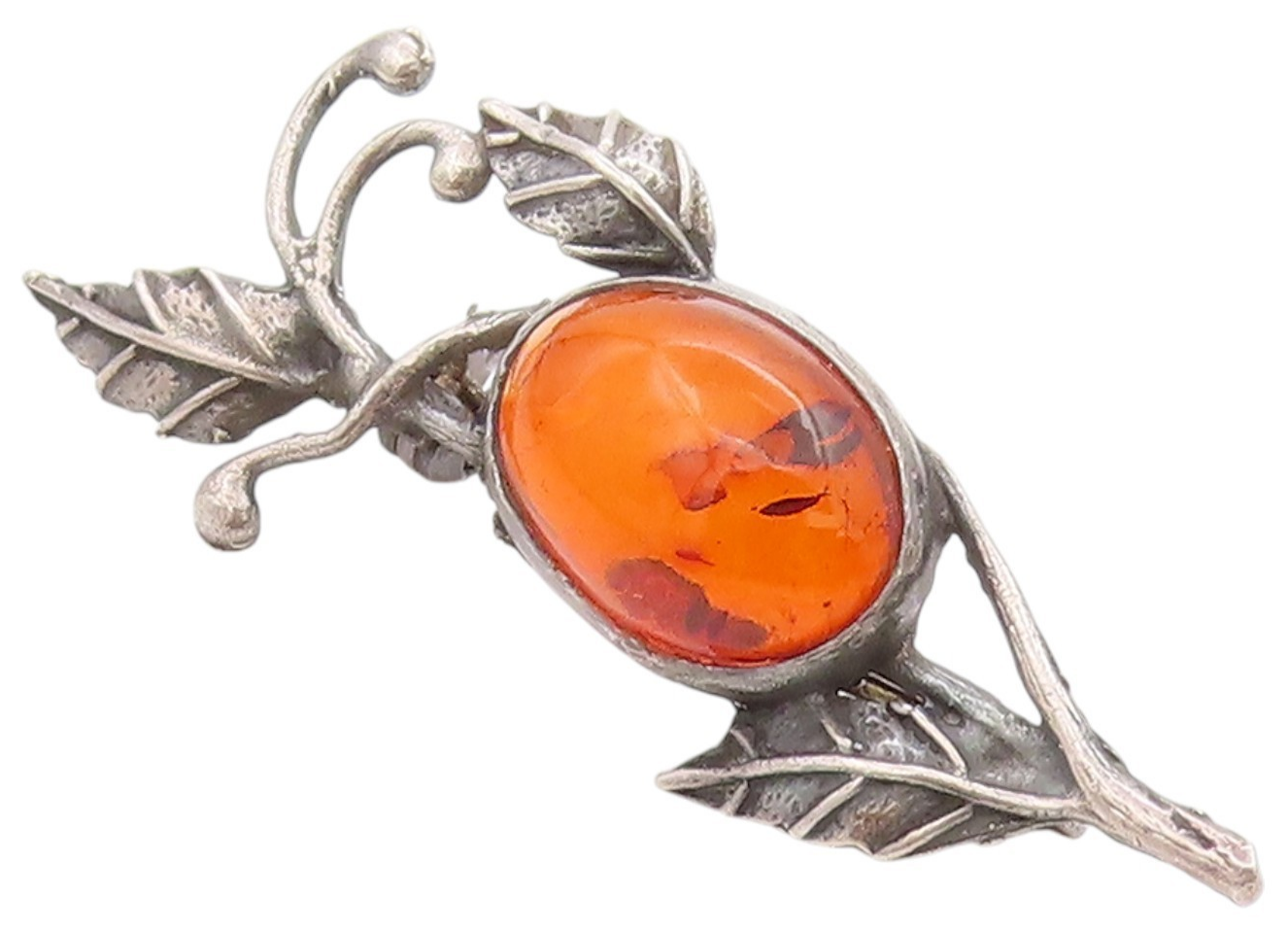 925 Sterling Silver Vintage Brooch Oval Amber Etched leaves With Branch  BP11840