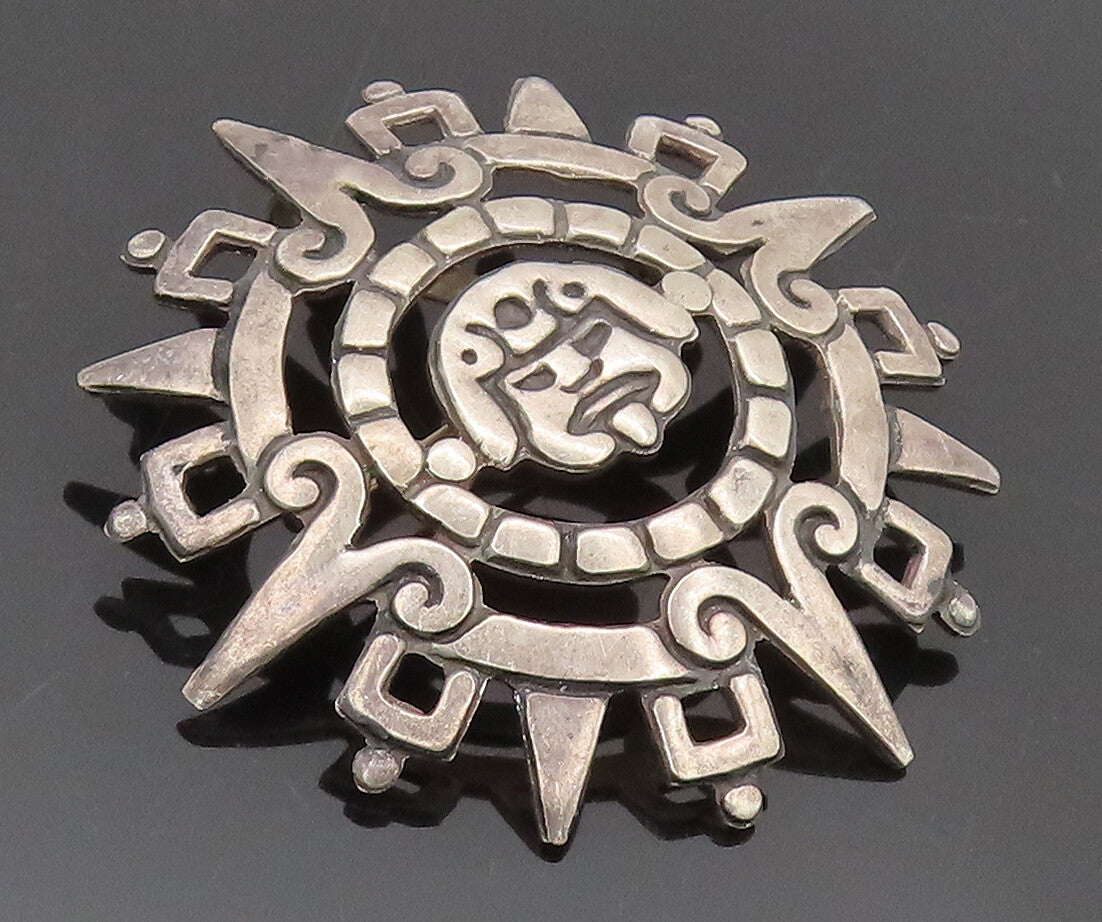 TAXCO 925 Sterling Silver  Vintage Cutout Solid Aztec Sun Brooch Pin  BP10466