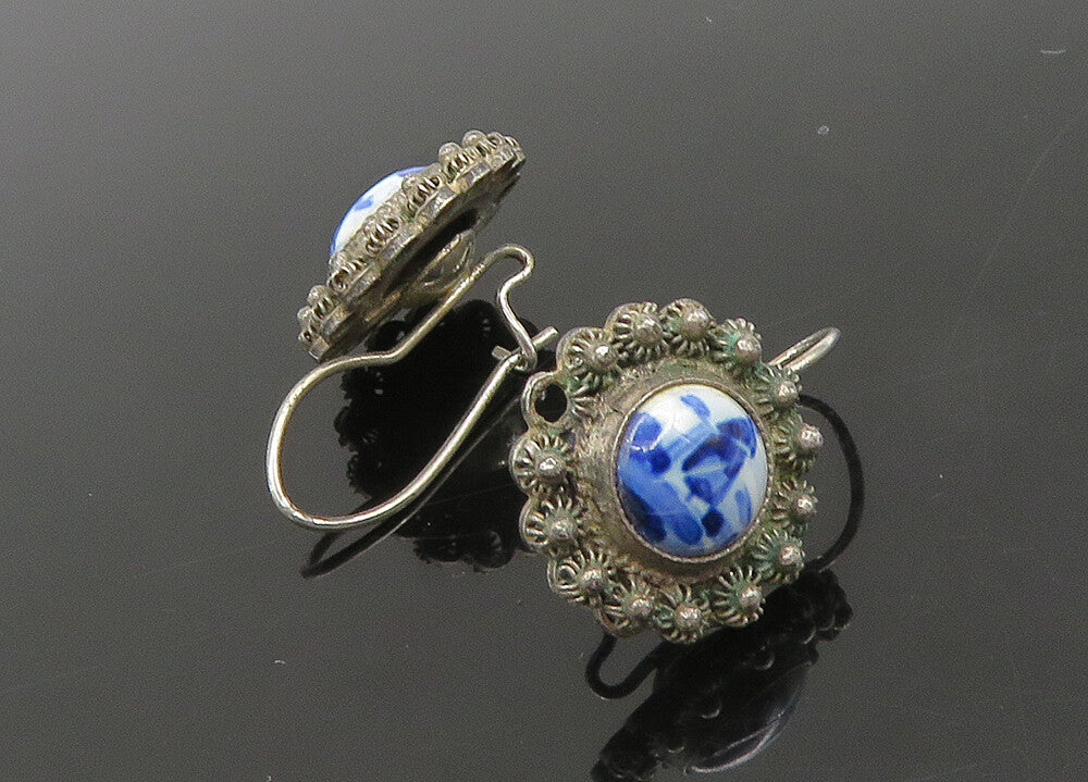 925 Sterling Silver  Vintage Enamel Windmill Scene Drop Earrings  EG10490