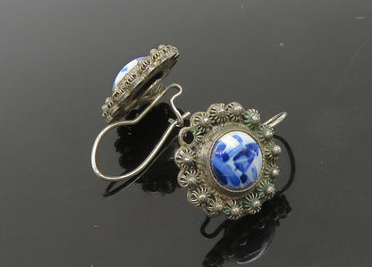 925 Sterling Silver  Vintage Enamel Windmill Scene Drop Earrings  EG10490