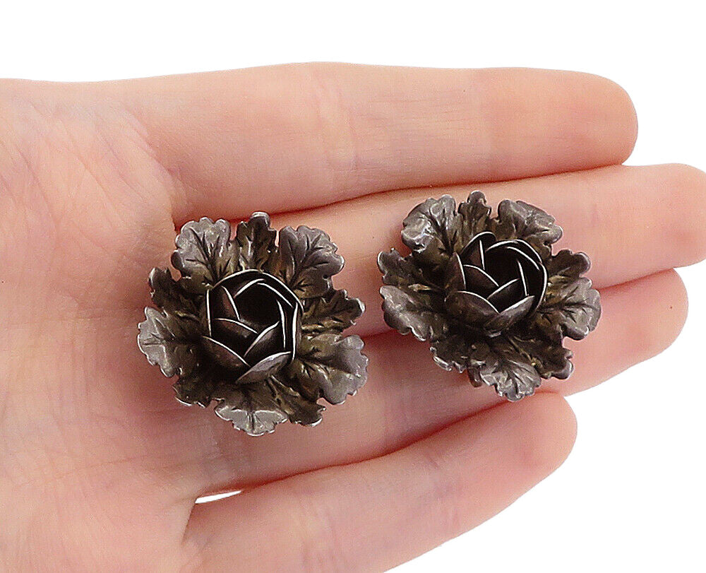 925 Sterling Silver  Vintage Oxidized Flower Motif Non Pierce Earrings  EG2642